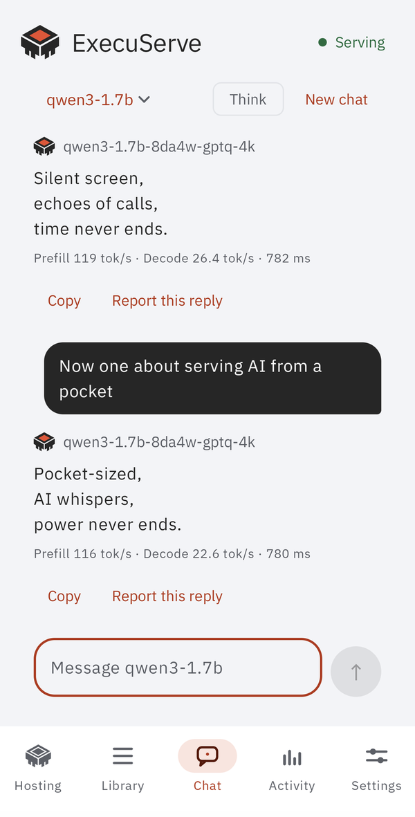 ExecuServe's Chat tab on a phone: two haiku from qwen3-1.7b, each with its prefill and decode speed