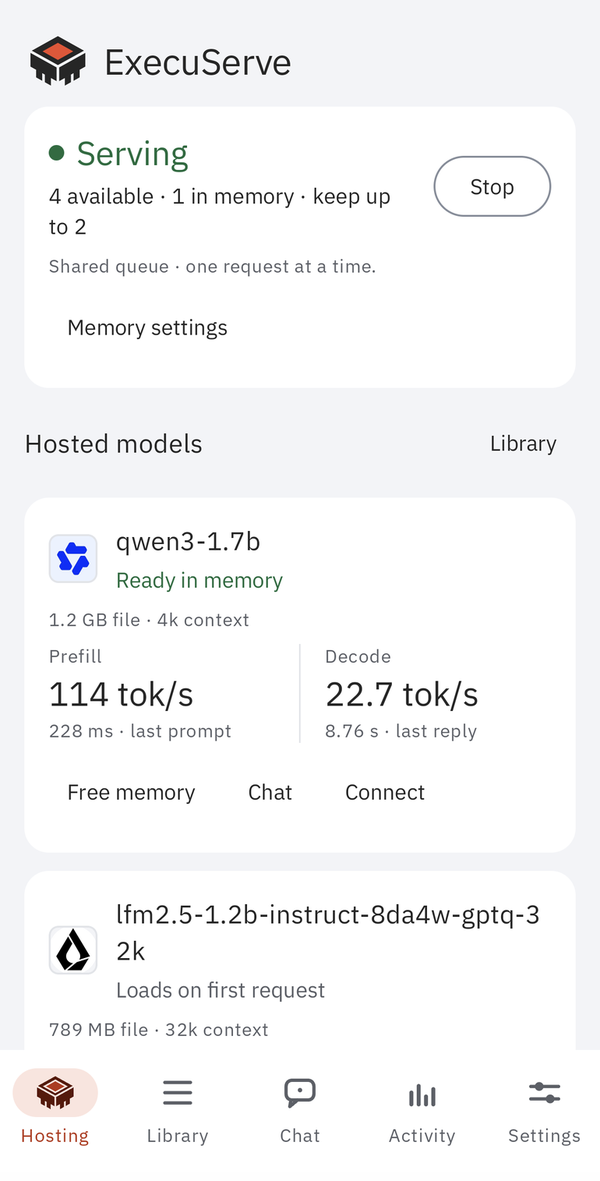 ExecuServe on a phone, serving: qwen3-1.7b ready in memory with its prefill and decode speed