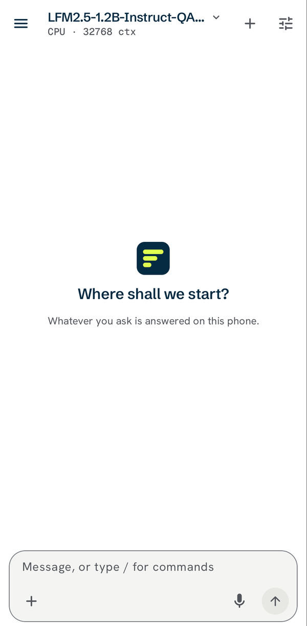 OpenWeights on a phone with LFM2.5 1.2B loaded, ready for a first message