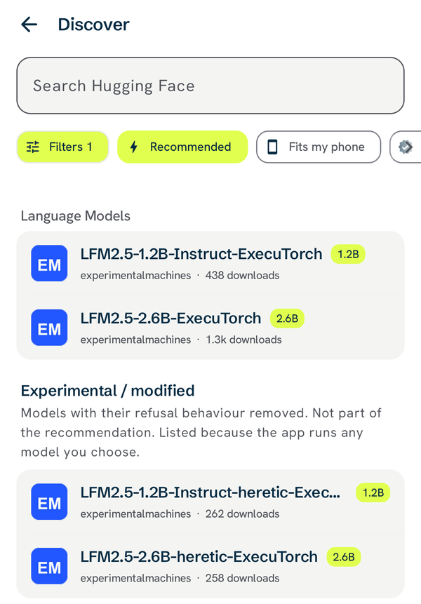 OpenWeights' Discover screen: a Hugging Face search box, and Recommended showing the Experimental Machines ExecuTorch builds of LFM2.5 1.2B and 2.6B