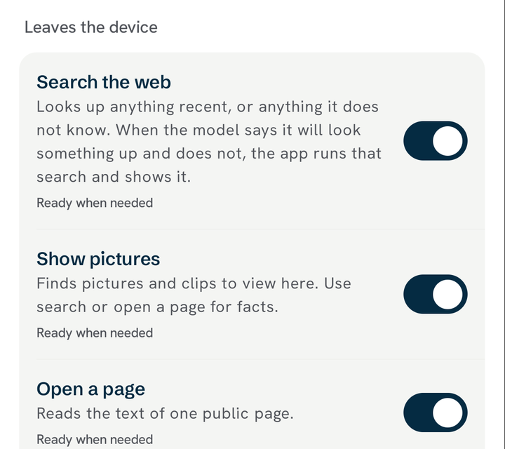 OpenWeights' Tools screen: under 'Leaves the device', switches for Search the web, Show pictures and Open a page